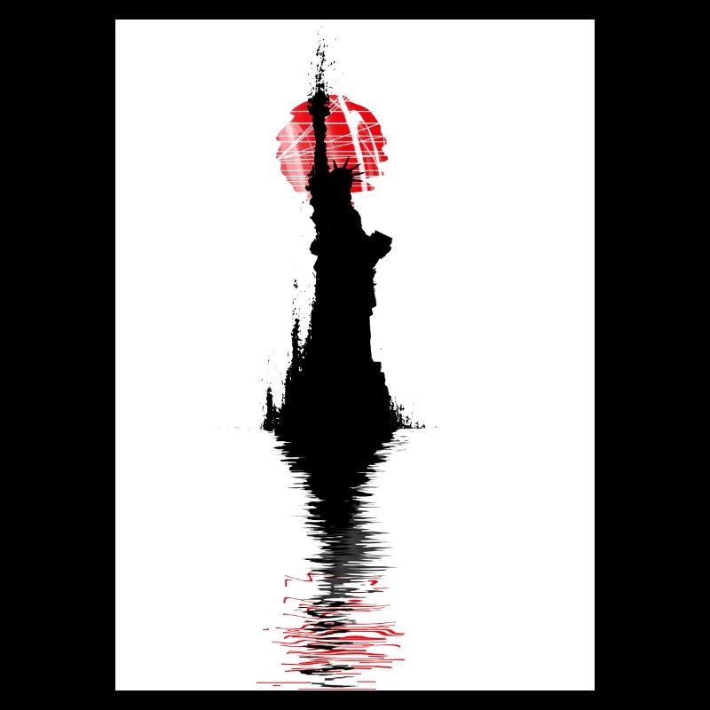 Liberty silhouette, red sun reflection