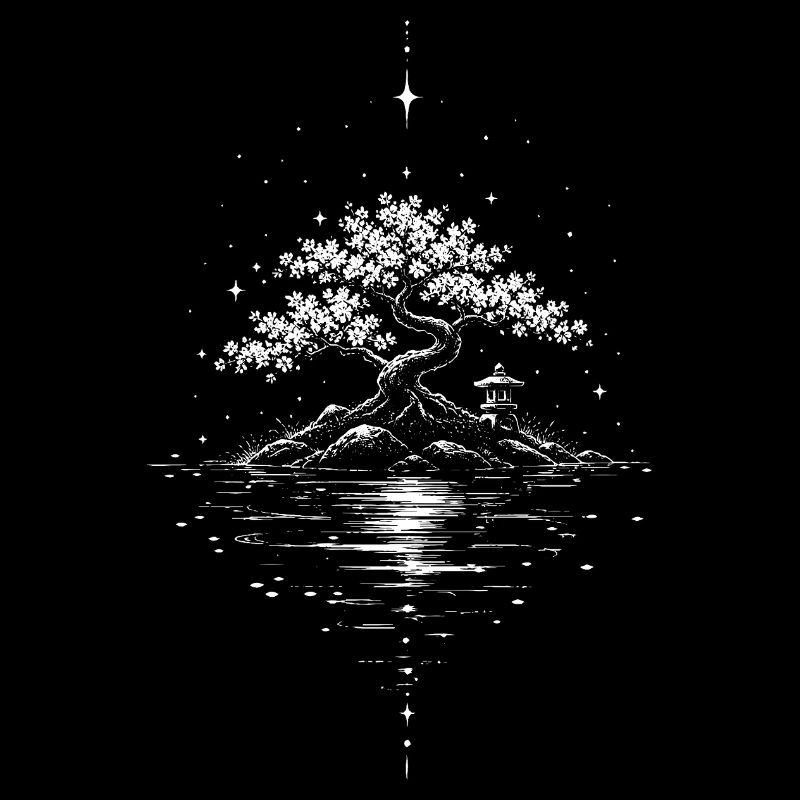Bonsai Tree Night Water Star Motif