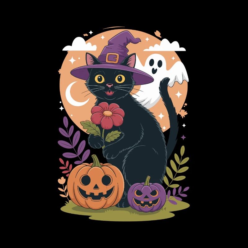 Halloween Katarte mit Hexenhut und Kürbissen