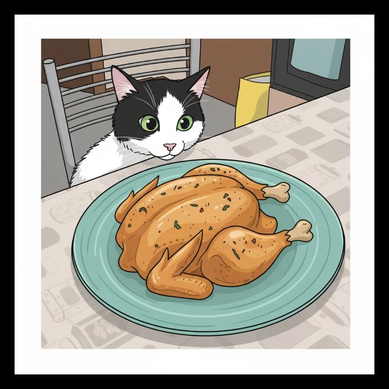 Neugierige Katze und Brathähnchen