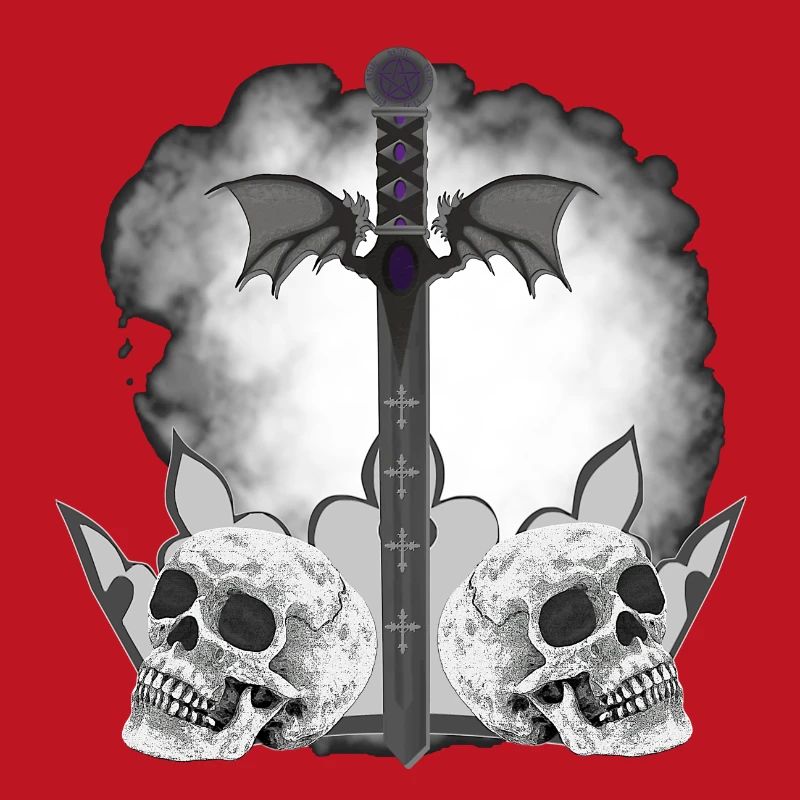 Menschenschädel, Schwerter, Dämonenflügel, vanitas