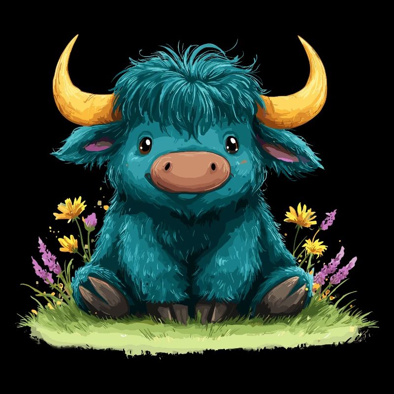 Yak bleu dans une mer de fleurs