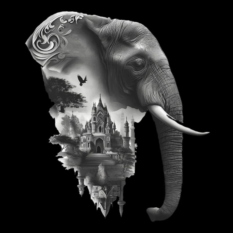 Elefant und Tempel in Collage