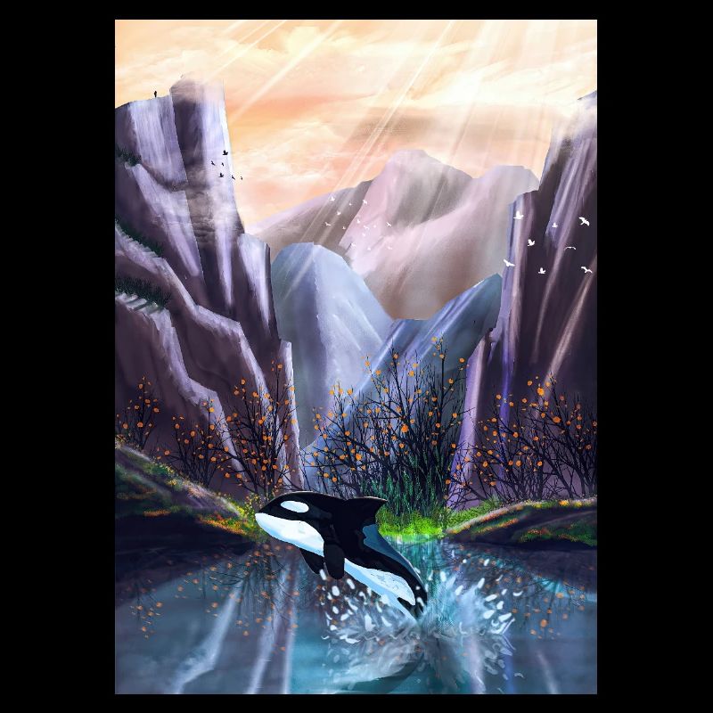 Orca jumping in mountain valley