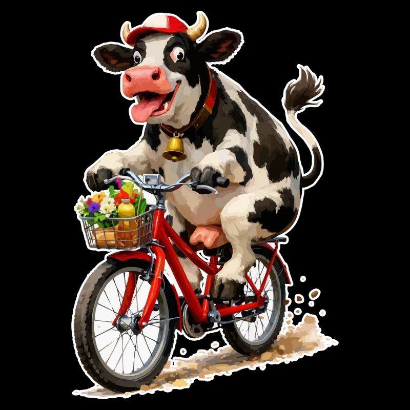 Cow on bicycle with basket