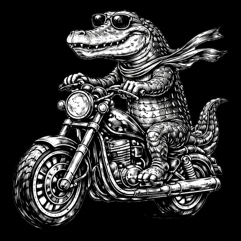Krokodil auf Motorrad mit Sonnenbrille