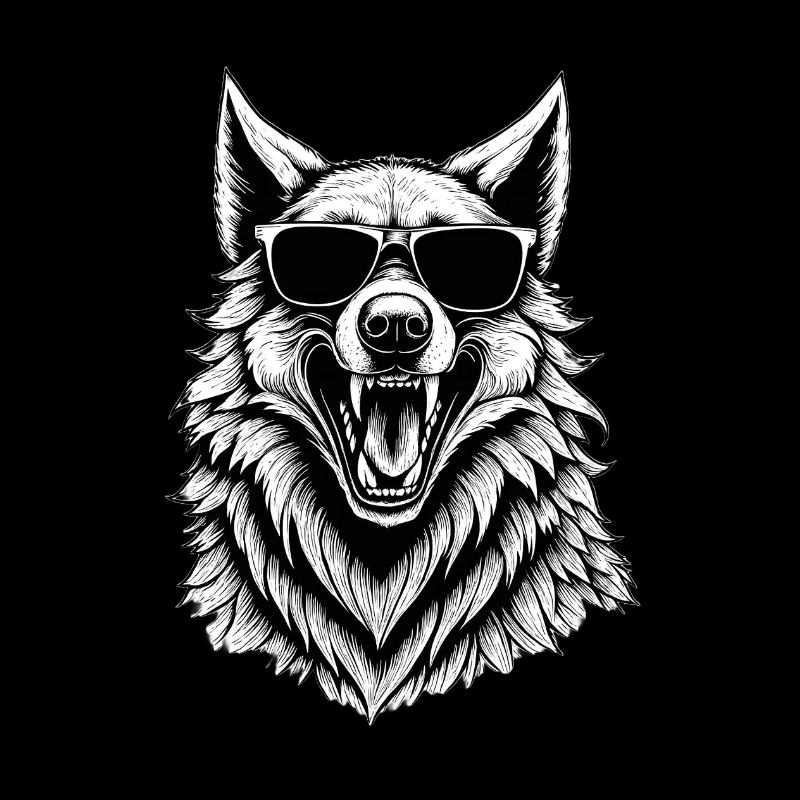 lachender Wolf mit Sonnenbrille