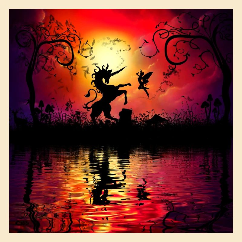 Licorne avec fée au coucher du soleil.