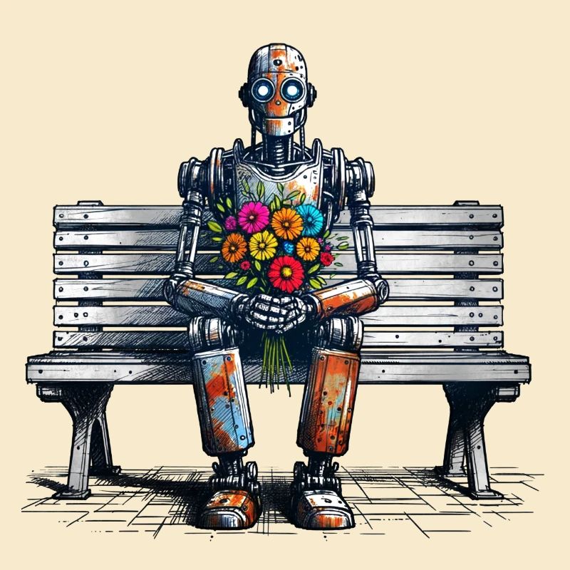 Robot Bench Flowers Robot Love Rusty Art