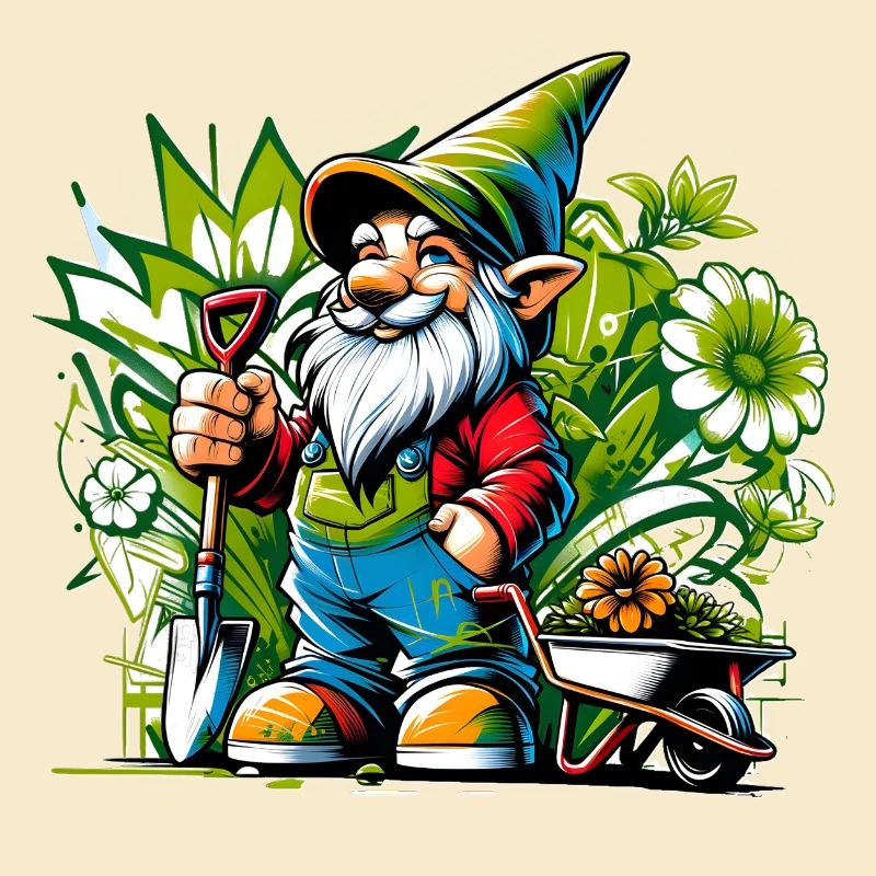 Bunter, lebendiger Gartenzwerg umgeben von Blumen