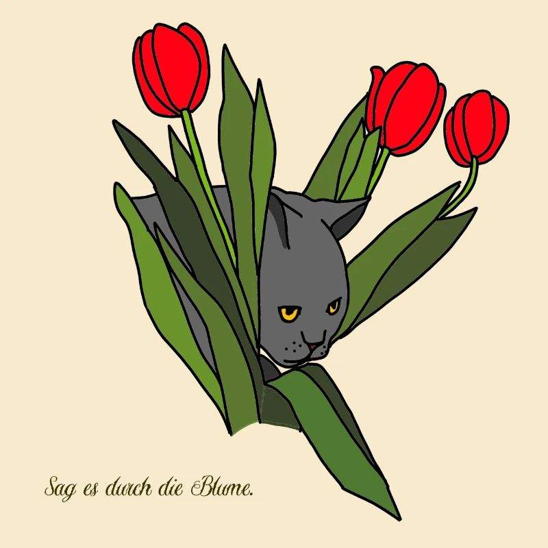 Cat between tulips