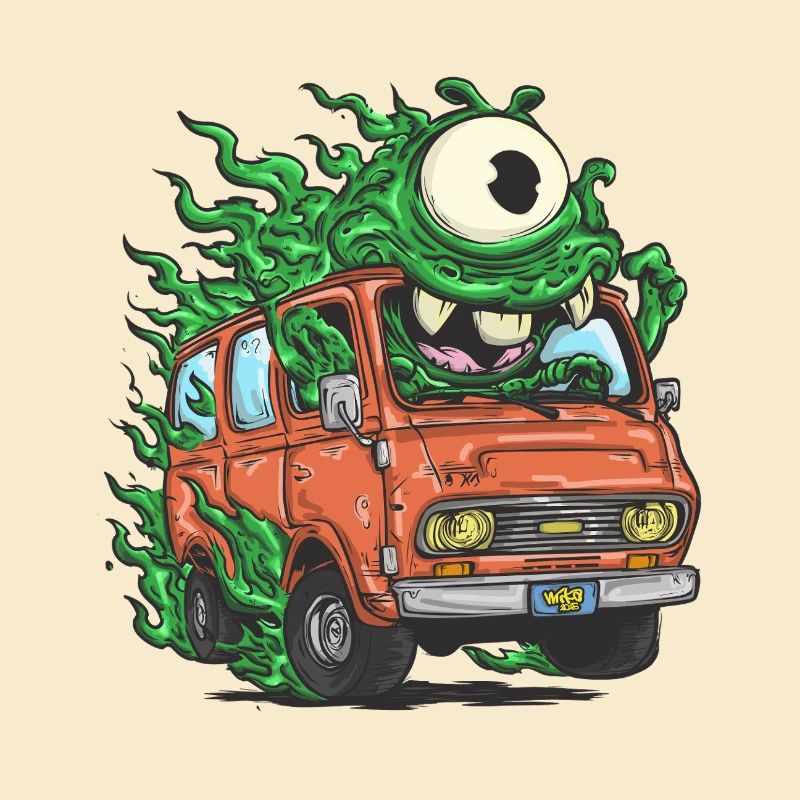 Monstre vert dans un fourgon rétro