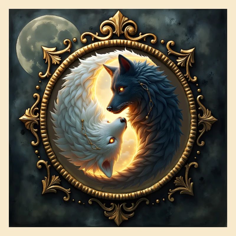 Loups de lune : Yin Yang dans un cadre doré