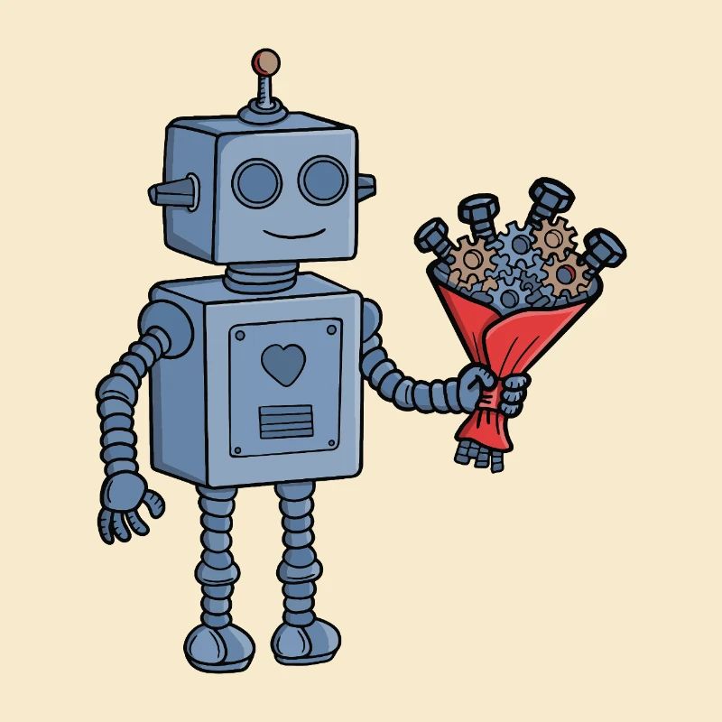 Robot de la Saint-Valentin mignon avec bouquet d’engrenages mécaniques