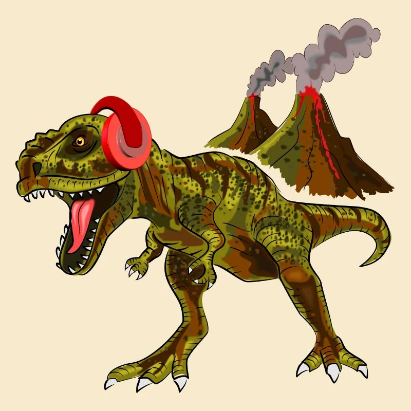 Dinosaure avec des écouteurs devant le volcan