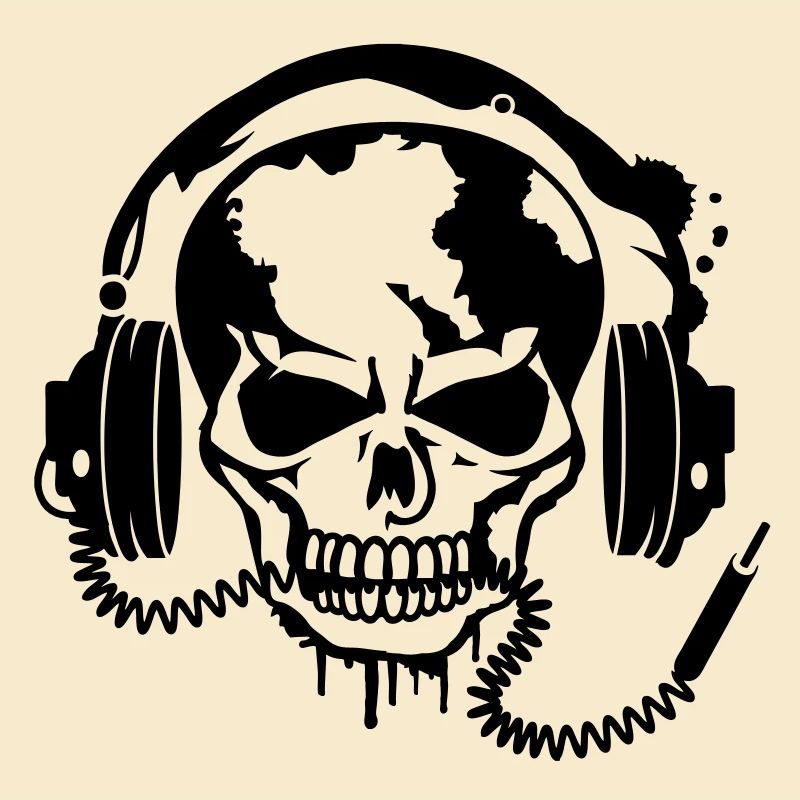 Totenschädel mit Kopfhörer und Kopfhörer Kabel