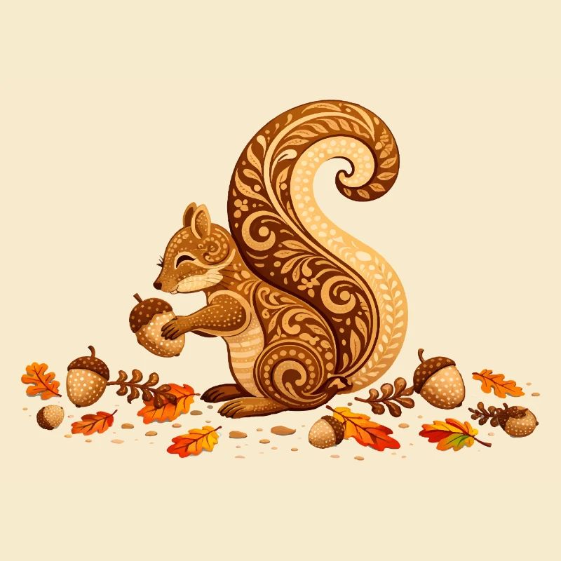 Stilisiertes Eichhörnchen mit Eichel im Herbst