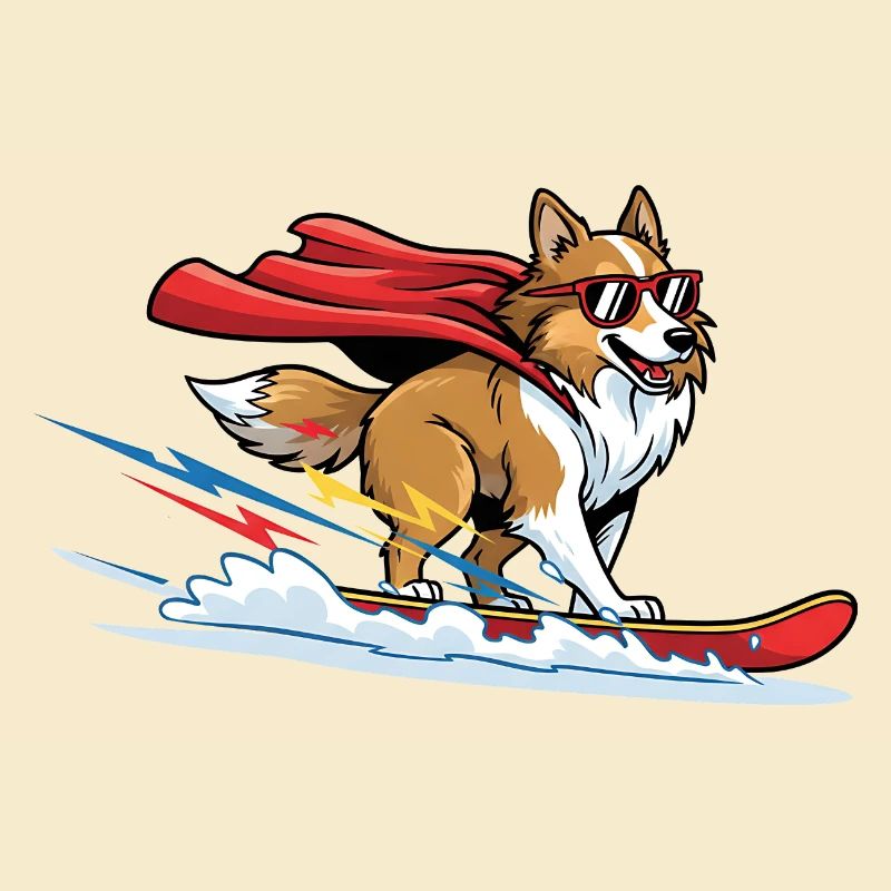 Corgi super-héros avec une cape sur une planche de surf