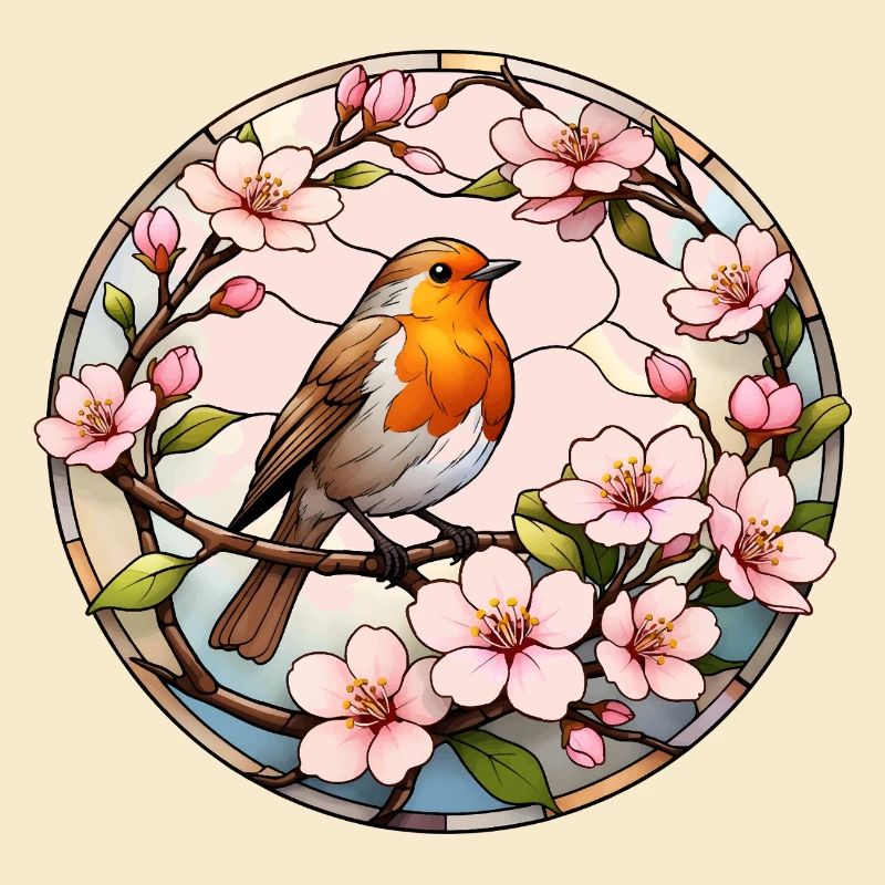Robin with cherry blossoms spring motif