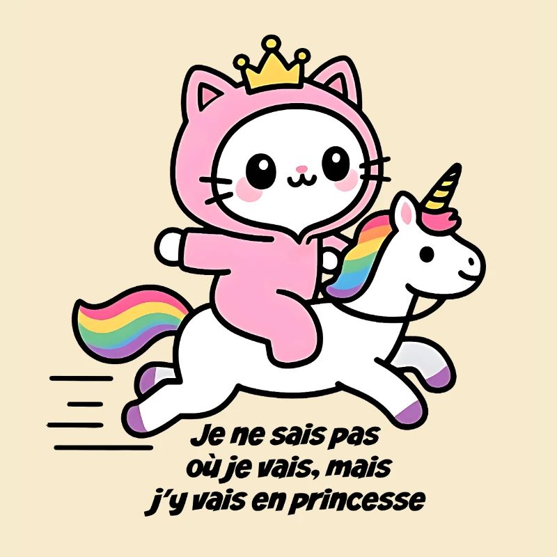 Chat rose sur licorne arc-en-ciel