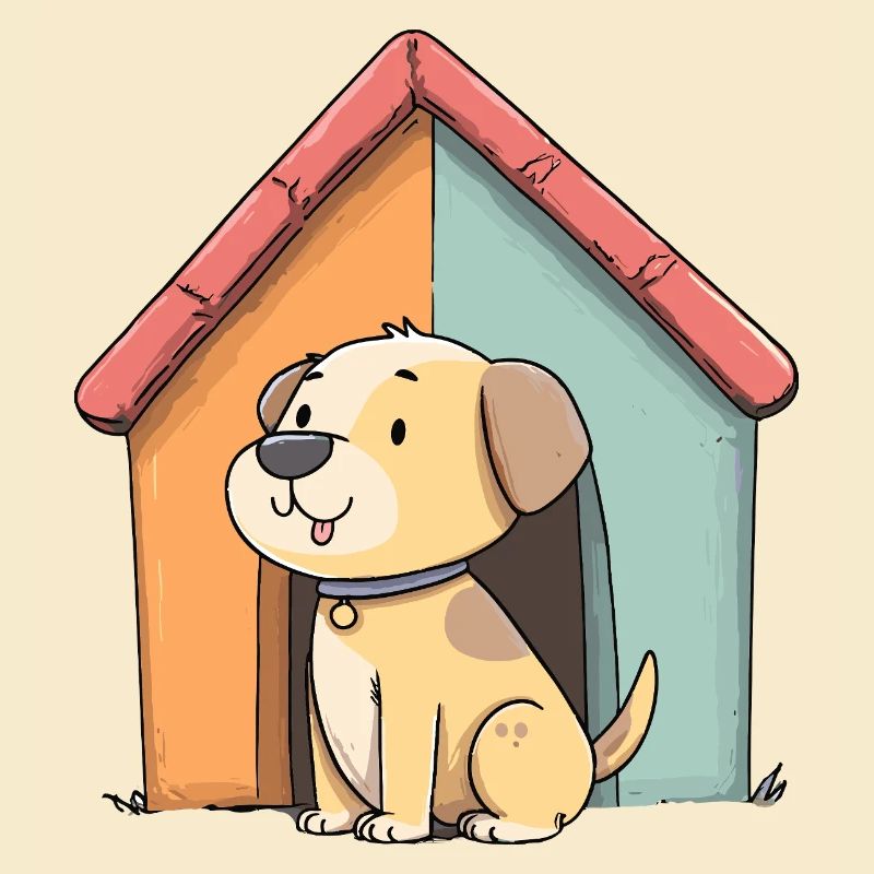 Chien câlin devant une maison colorée