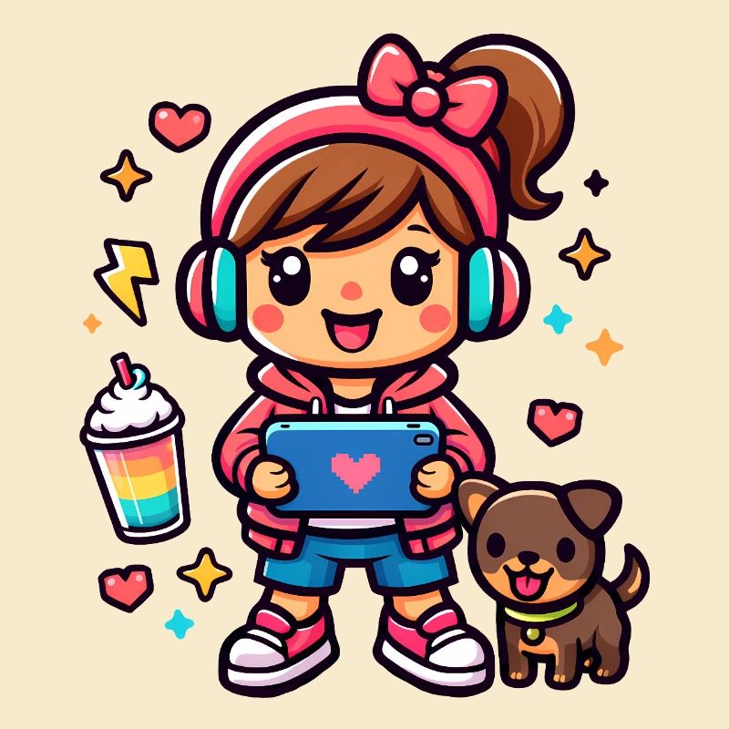 Fille Gamer Esthétique avec une tablette de surf et un chiot