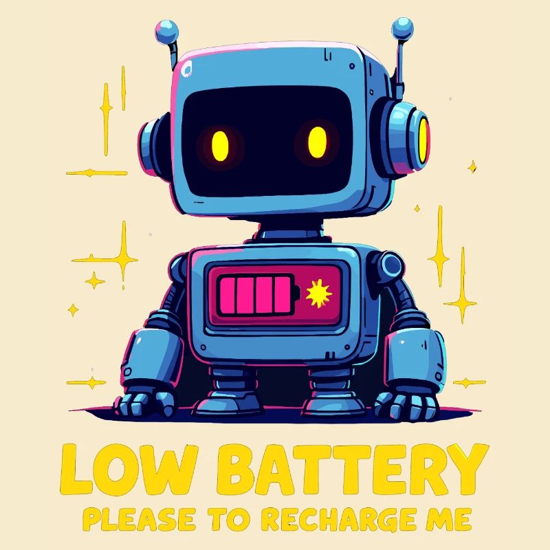 Futuristic Robot with Low Battery Message