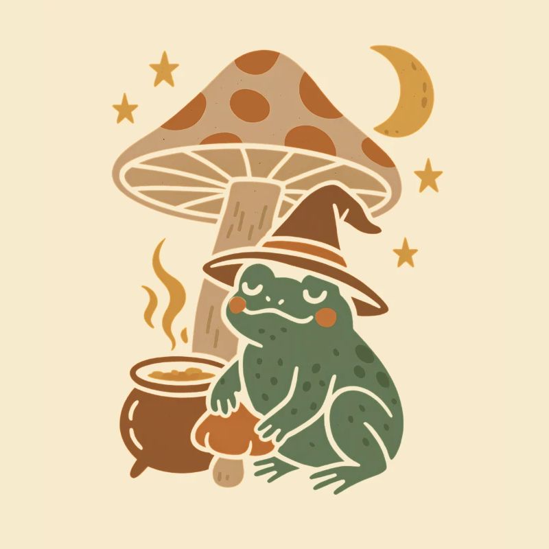 Crapaud magique de conte de fées avec champignon et lune