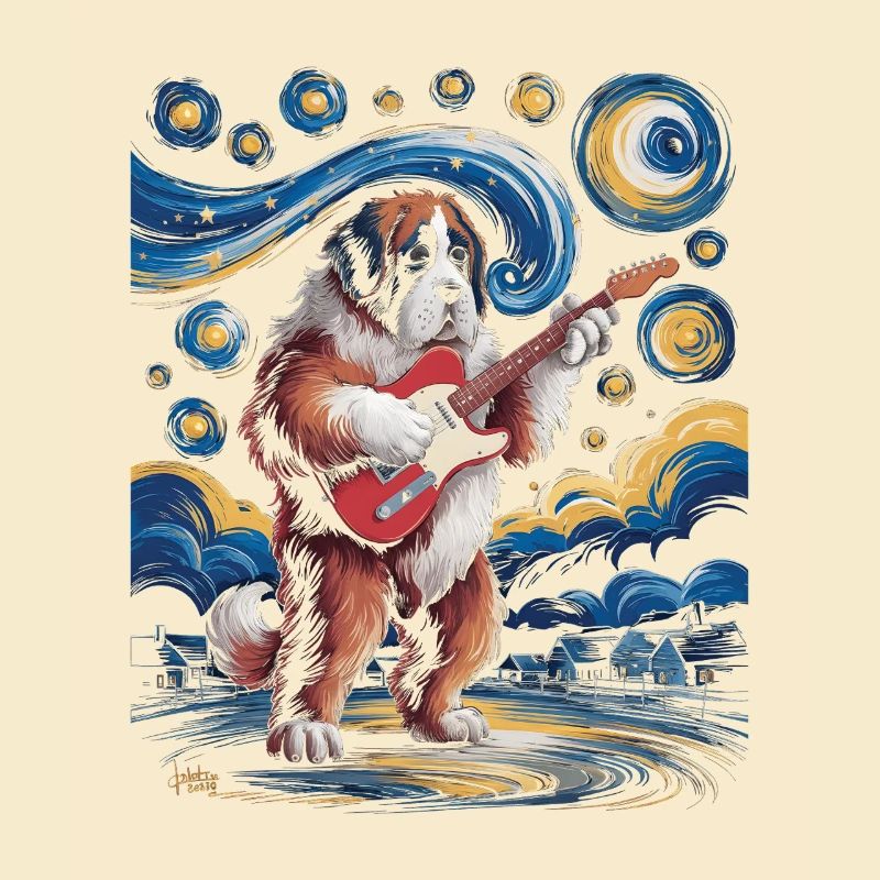 Dog with guitar under starry sky