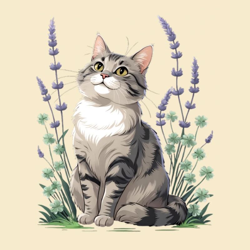 Chat élégant avec lavande et trèfle