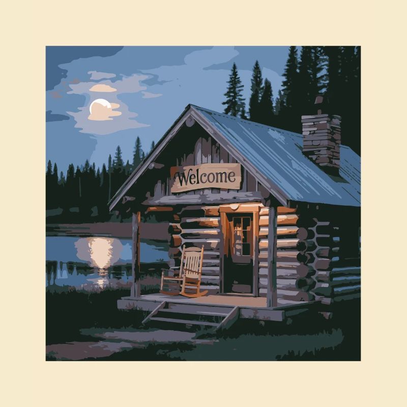 Scène nocturne de cabane de lac rustique