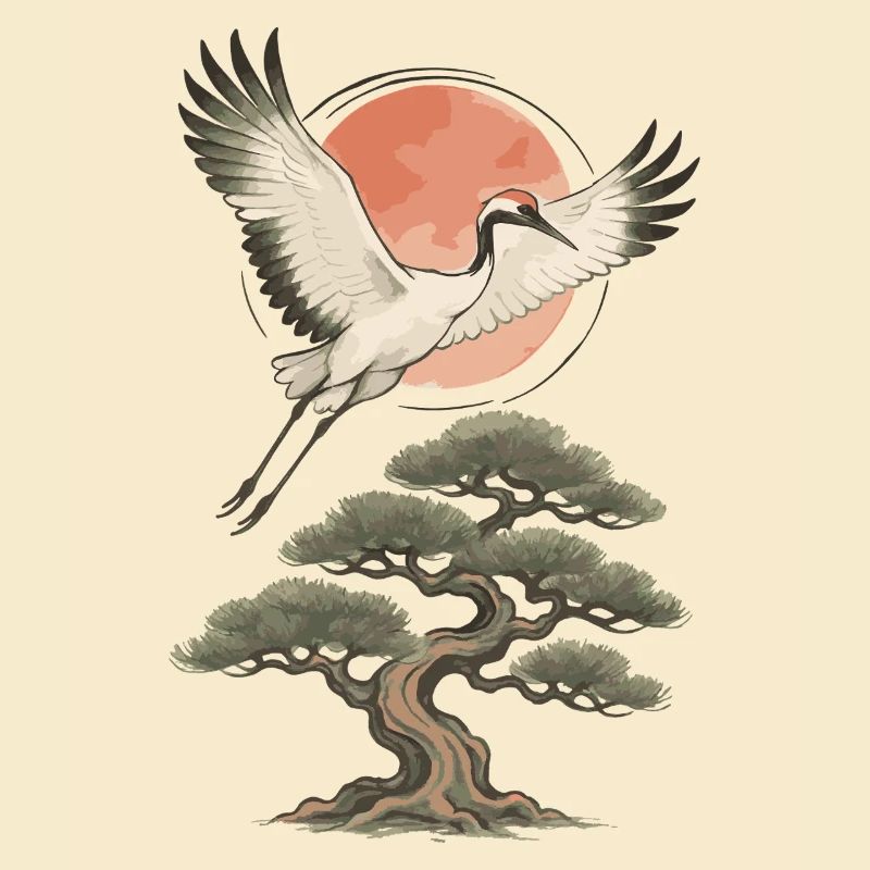 Flying Crane Over Pine Tree