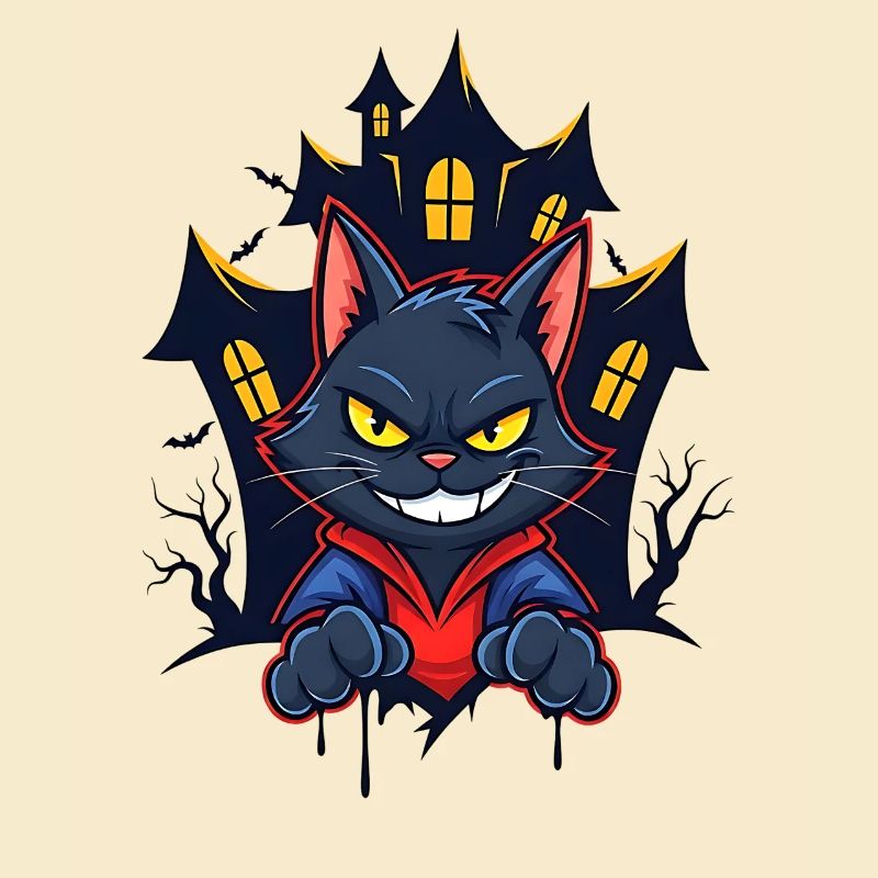 Chat souriant devant une maison hantée
