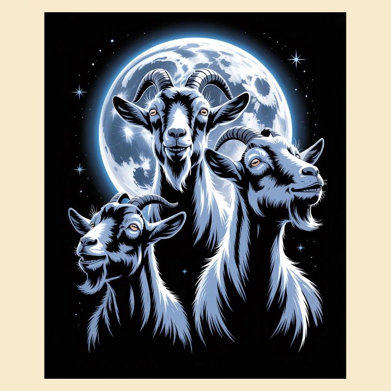 Three goats in front of full moon and starry night