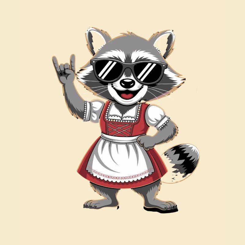 Lustiger Waschbär im Dirndl mit Sonnenbrille und