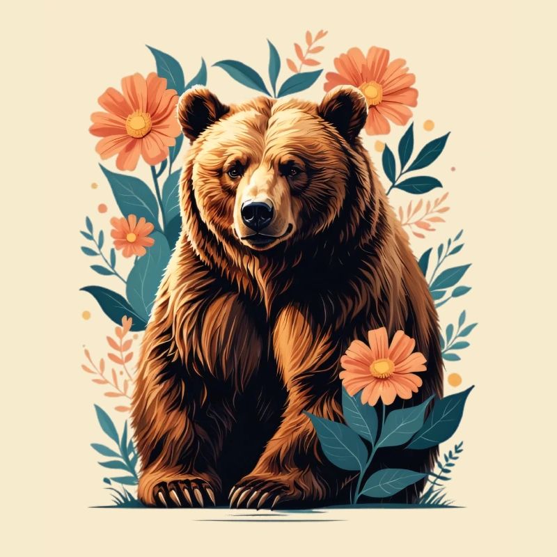 Ours brun dans un cadre de fleurs