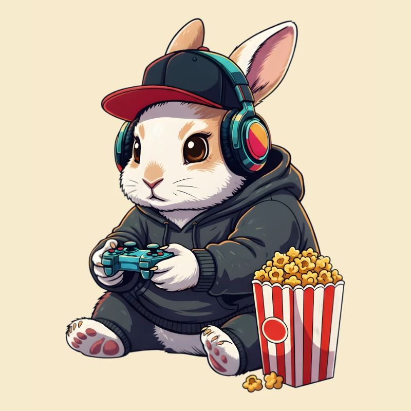 Rabbit Gamer mit Popcorn