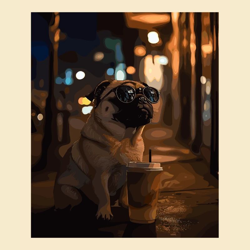 Mops mit Sonnenbrille und Eiskaffee
