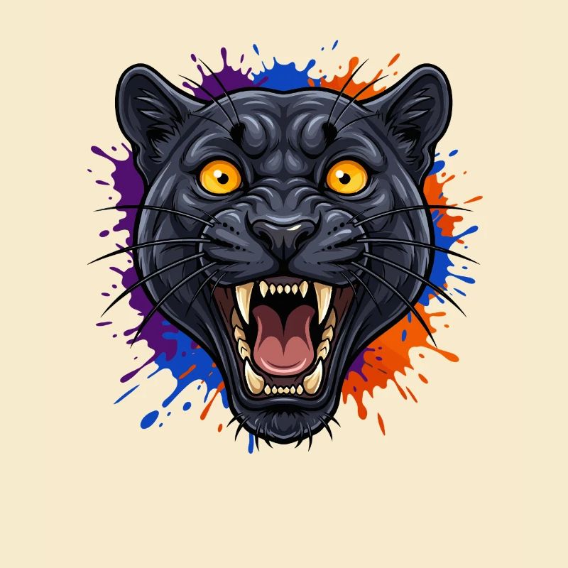 Schwarzer Pantherkopf mit Farbklecks