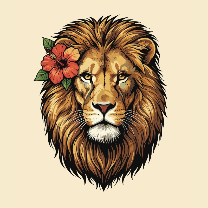 Tête de lion avec fleur d’hibiscus