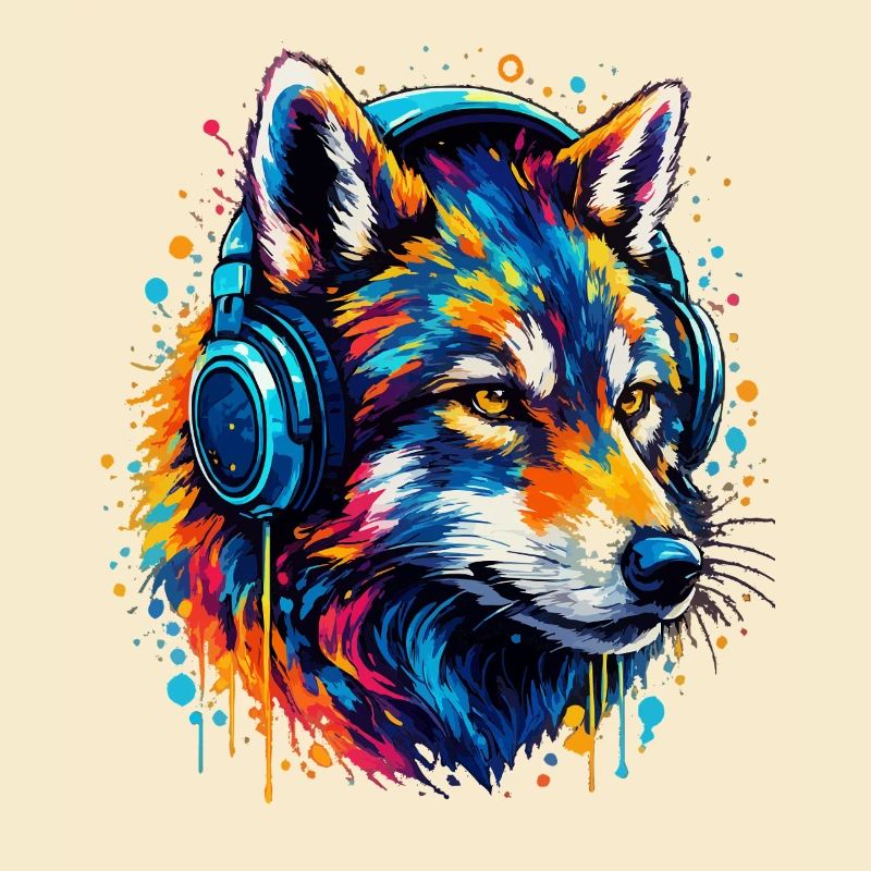 Fuchs mit Neon Kopfhörer Kunst