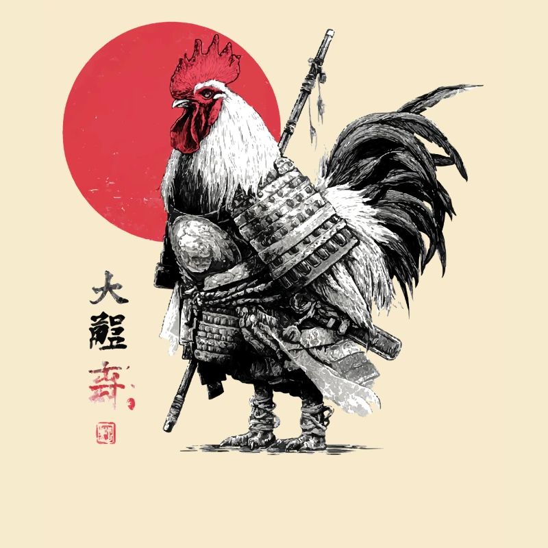 Samurai-Hahn in Rüstung unter roter Sonne