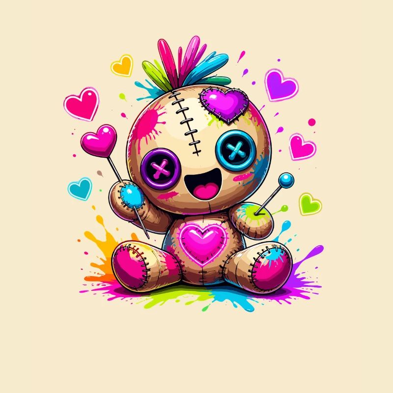Patchwork cuddly toy with neon hearts