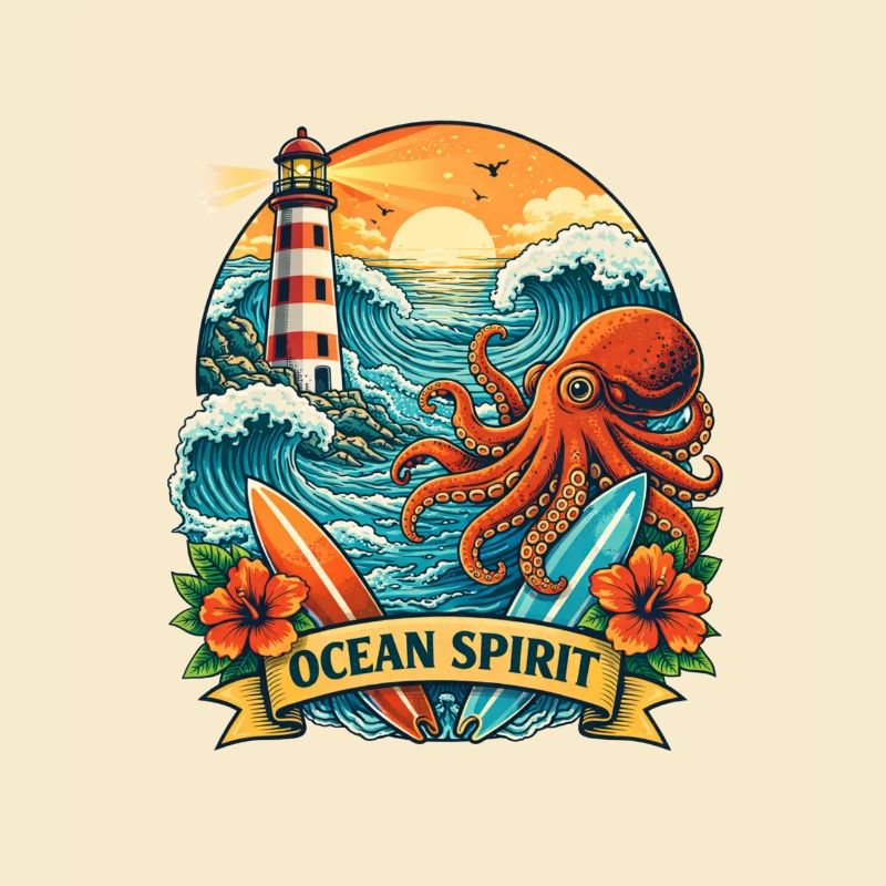  Océan : Phare, Vagues et Pieuvre