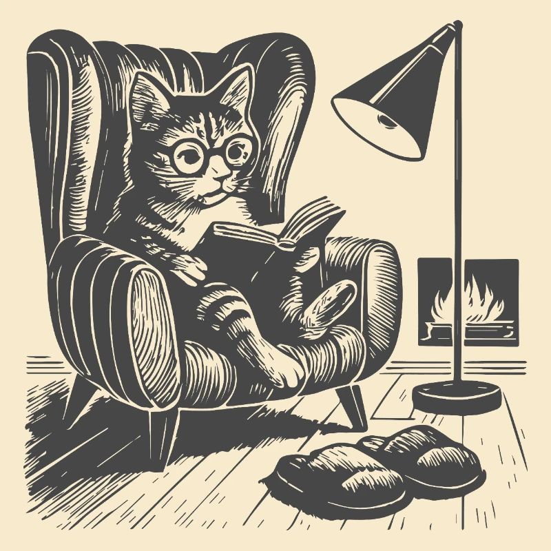 Chat dans le salon en train de lire