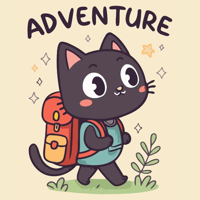 Adventurous Black Cat with Backpack