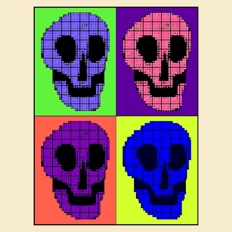 Four brightly colored skulls