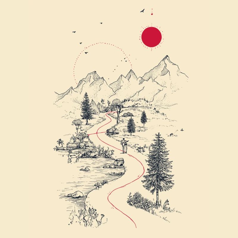 Roter Pfad durch Berglandschaft