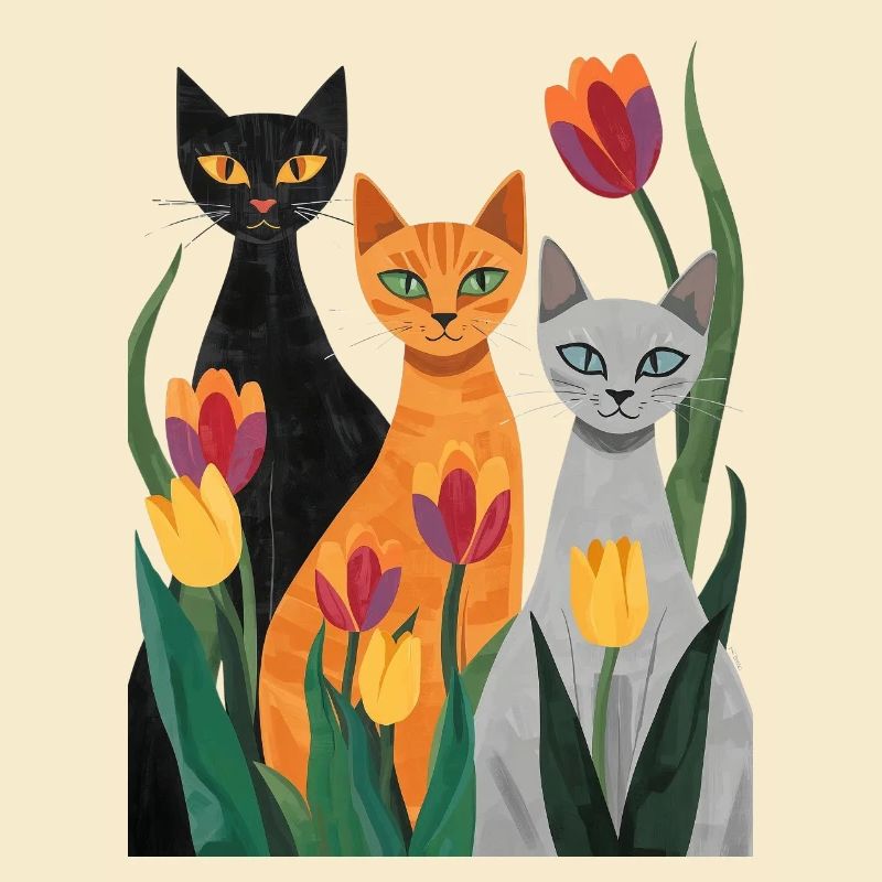 Three stylized cats: black, gray, orange