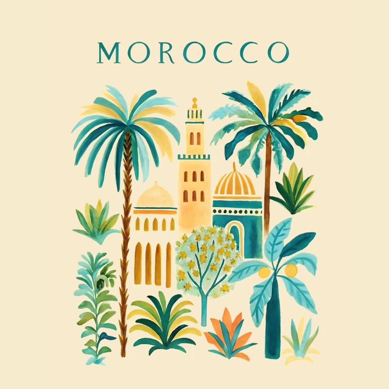 Morocco Palm Trees Architecture Watercolor